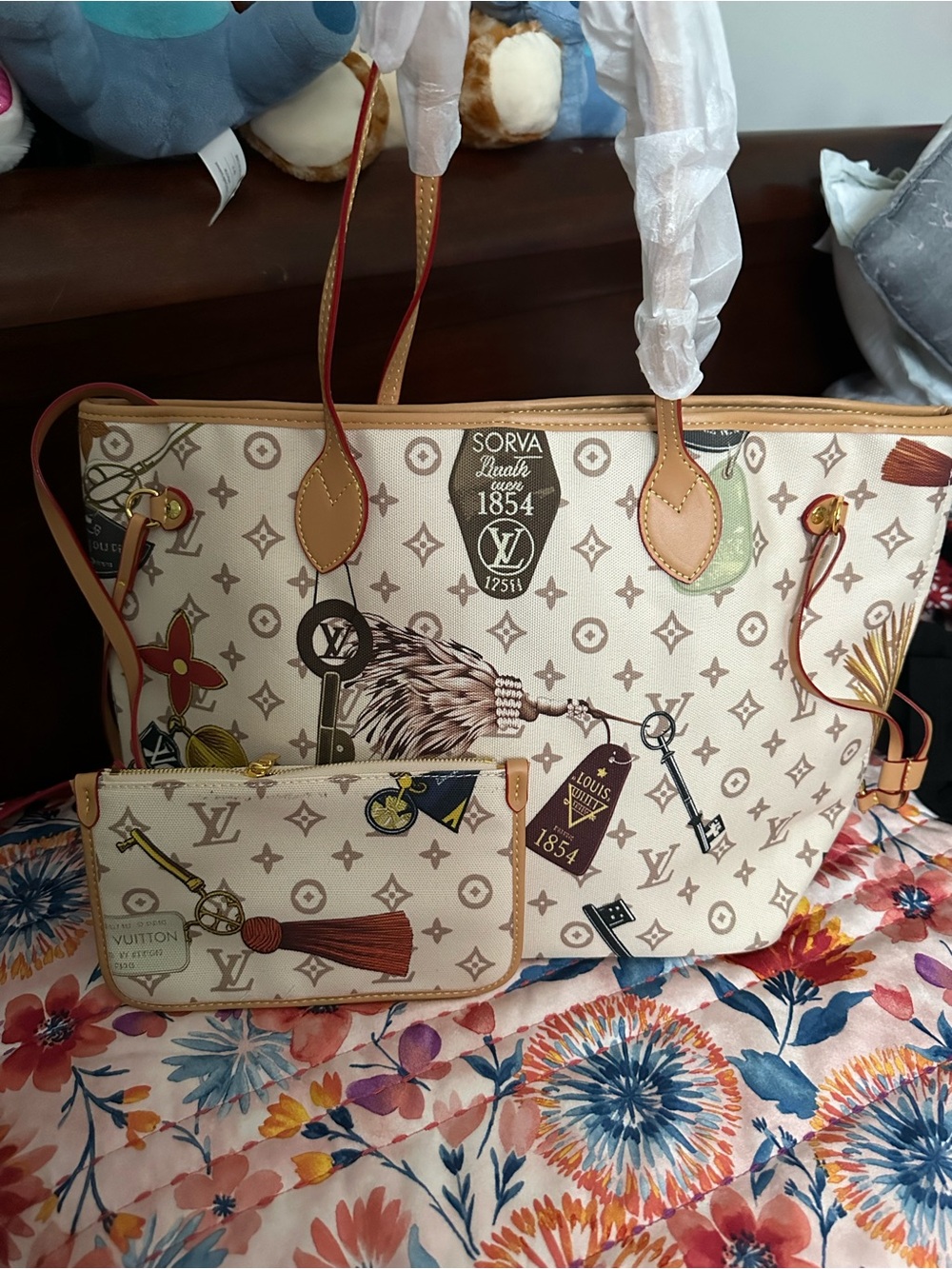 Louis Vuitton Cream Monogram Canvas Tote with Colorful Travel Motif